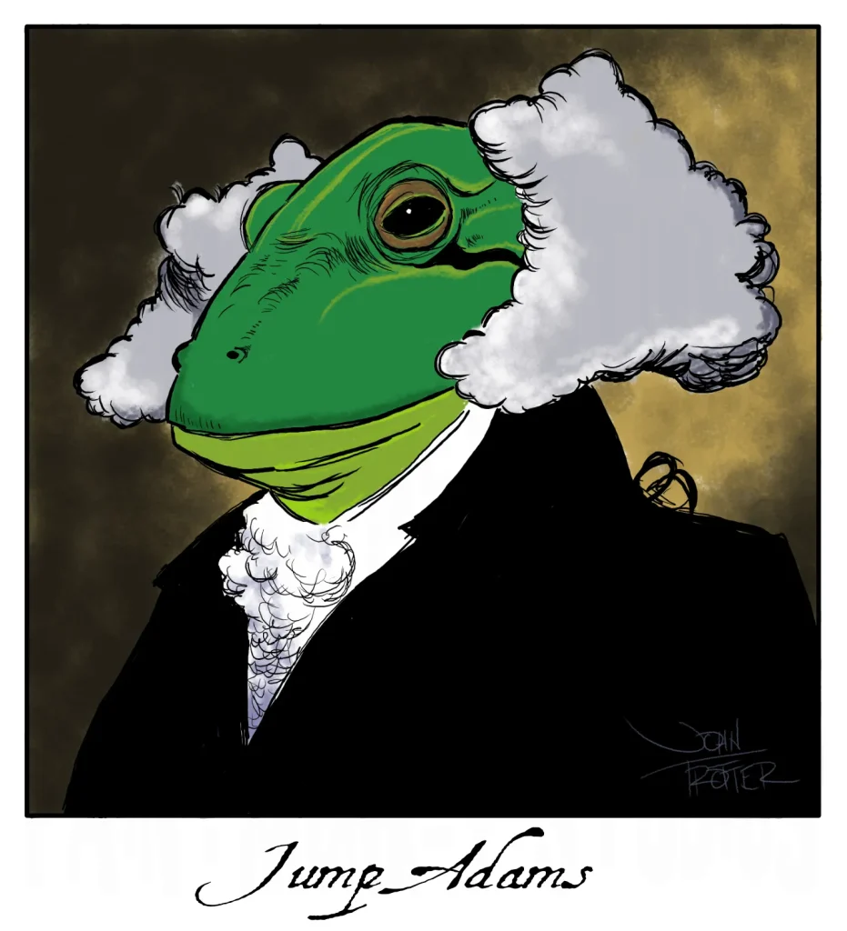 Cartoon mimicking the official painted portrait of John Adams...only as a frog.