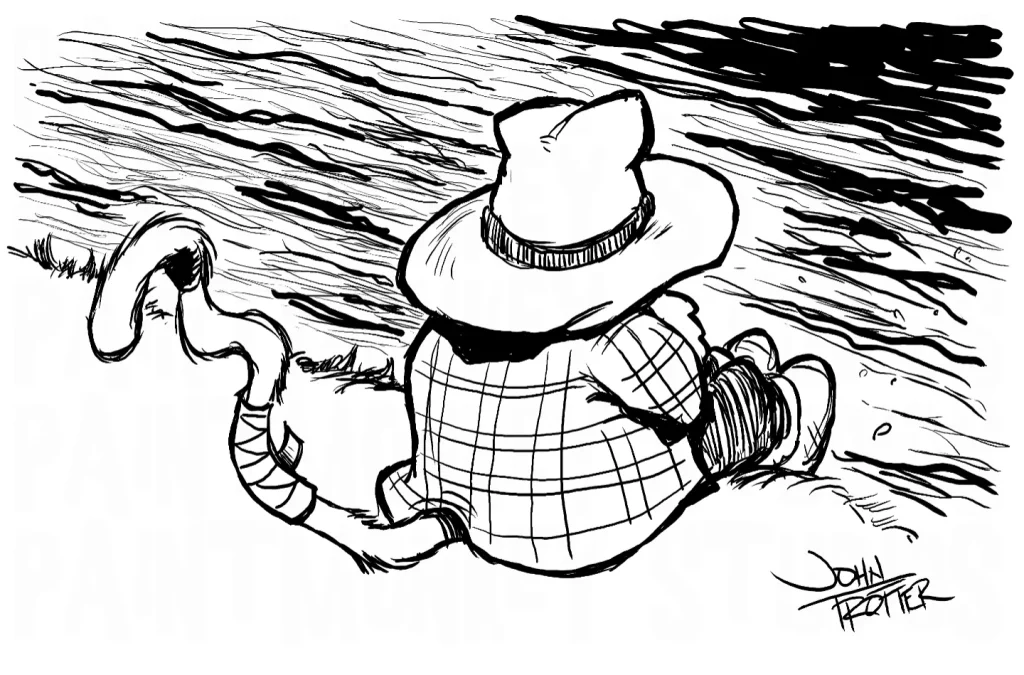 Ink cartoon of the Paintmonkey sitting on the bank of a stream watching the water go by.