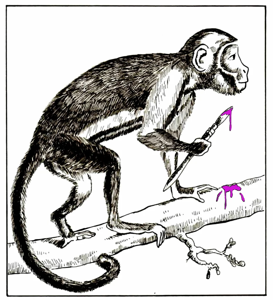 Ink drawing of a monkey holding a paintbrush on a branch.