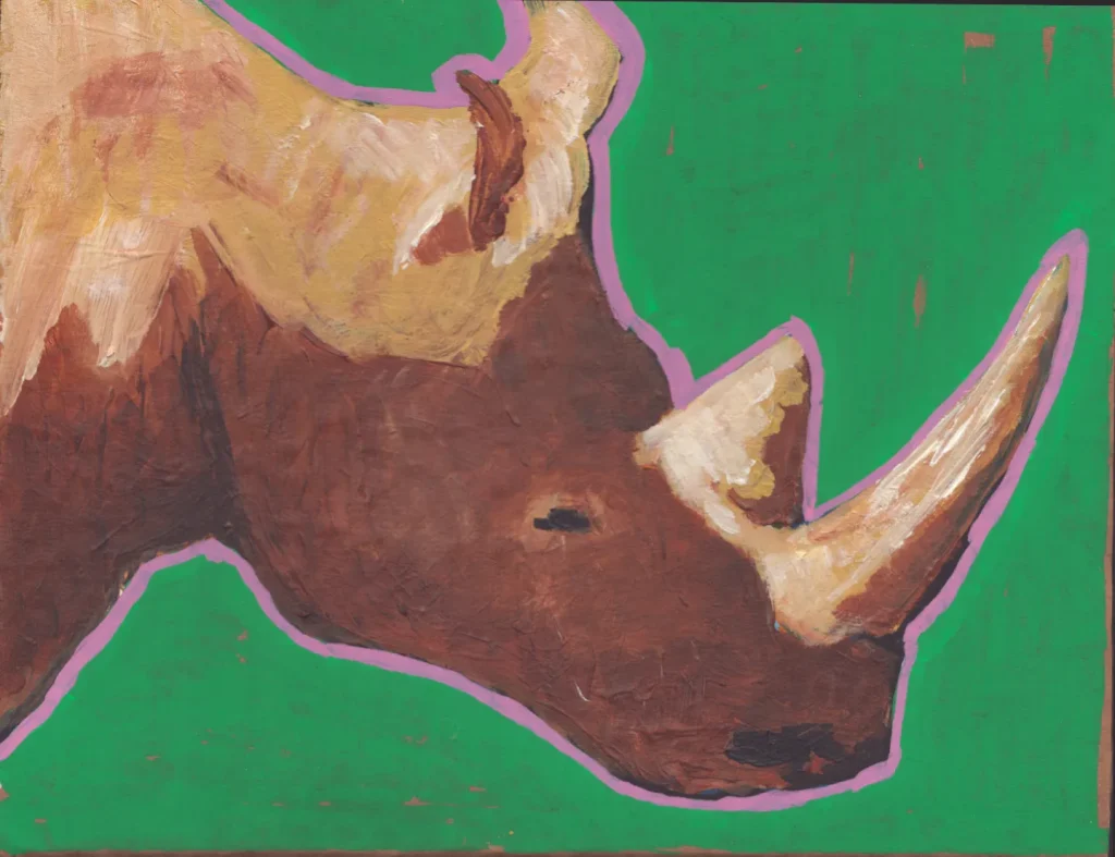 Acrylic painting on cardboard of a white rhinoceros.