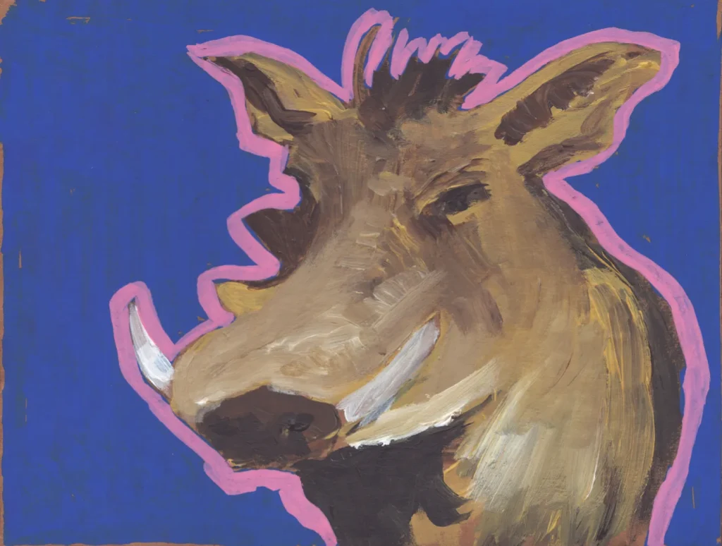 Acrylic painting on cardboard of a warthog.