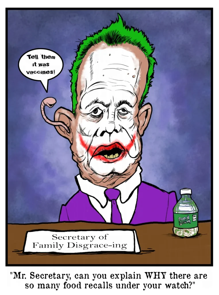 Cartoon of Health Secretary Robert F. Kennedy, Jr. in Heath Ledger Joker makeup with a worm coming out of his ear whispering to blame vaccines.