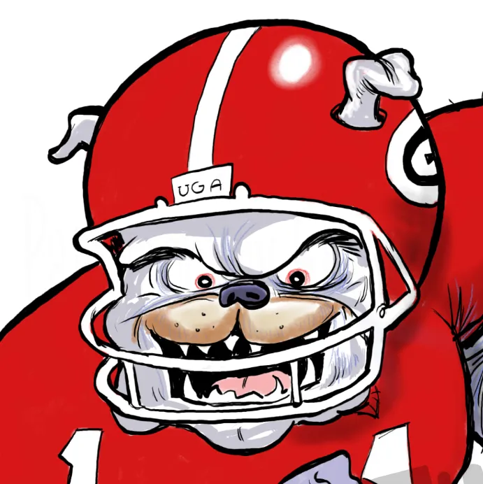 Cartoon of a bulldog in a football helmet.