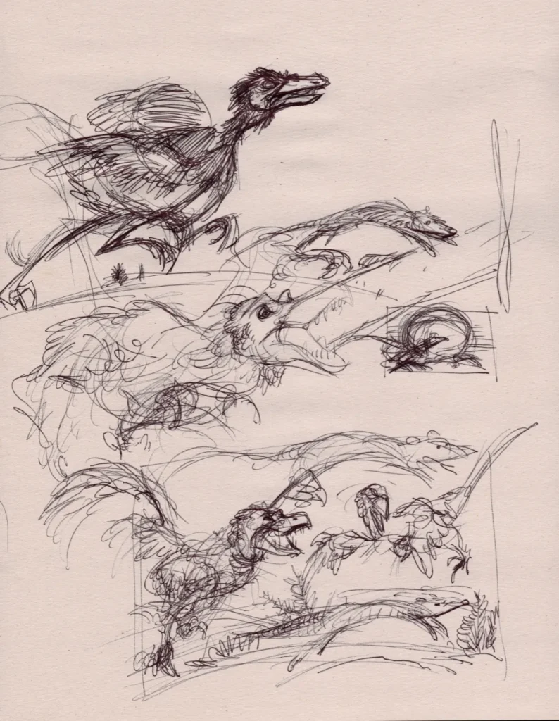 Ballpoint sketches of a small theropod chasing a small mammal.