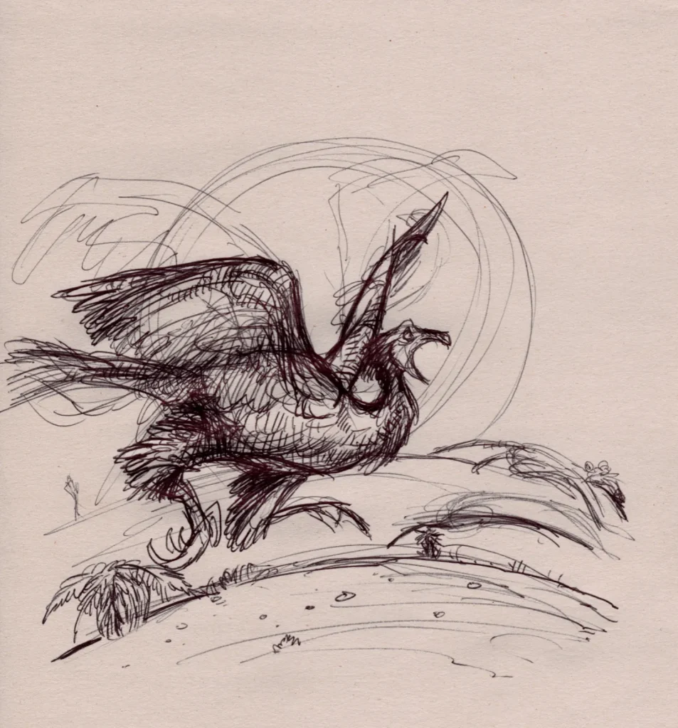 Ballpoint sketch of a balaur bondoc chasing a small mammal.