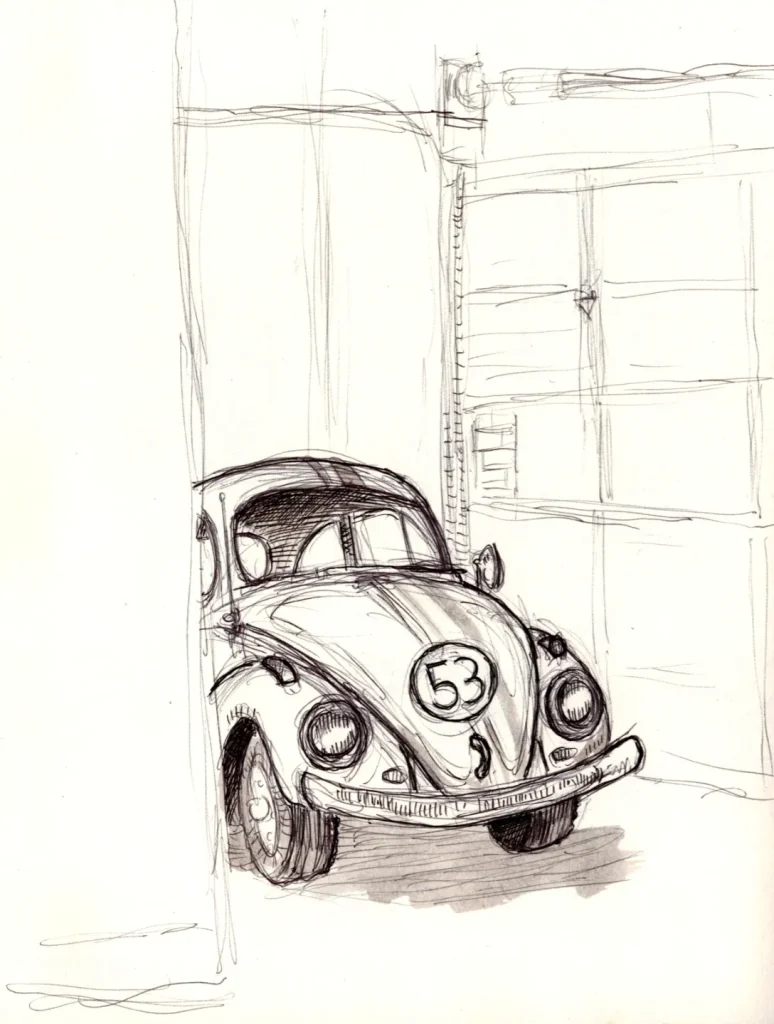 Ballpoint sketch of Herbie, the Love bug.