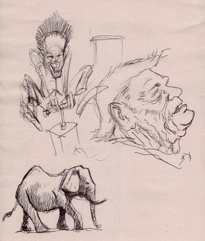 Ballpoint sketch page on newsprint with random imagery on it. Cartoon pushing a dynamite plunger, an elephant, and a rotting old man who should be taken away.