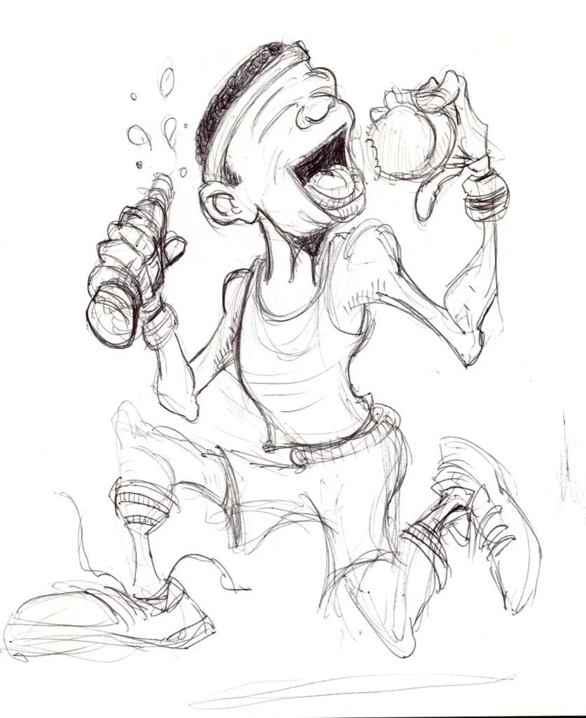 Ballpoint sketch of a man running with a water bottle and taking a bite out of a peach.