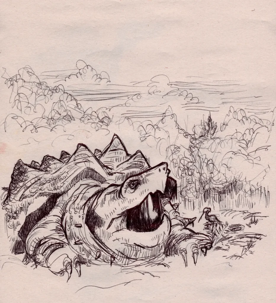 Ballpoint sketch of a giant snapping turtle at the edge of a podn.