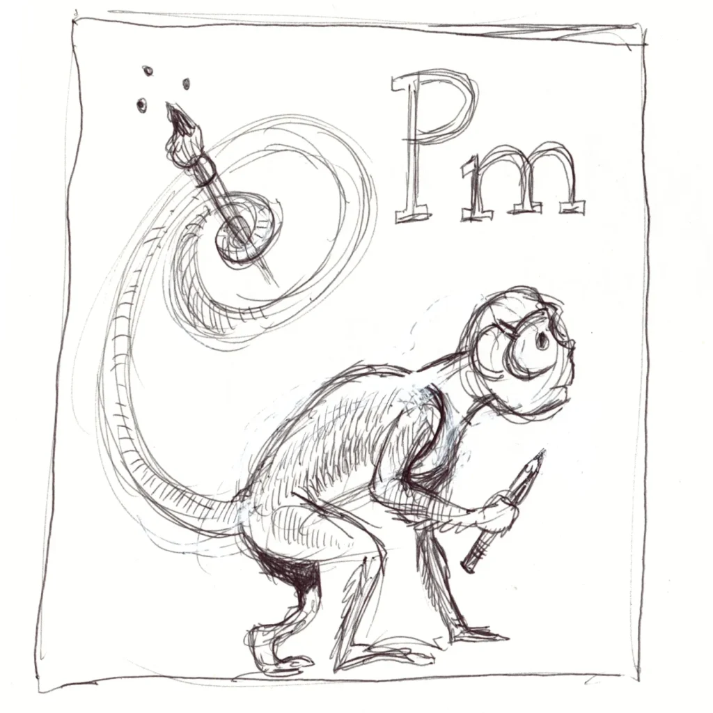 Ballpoint sketch of a monkey holding a pencil in his hand and a paint brush in his tail with the letters "Pm" over his head.