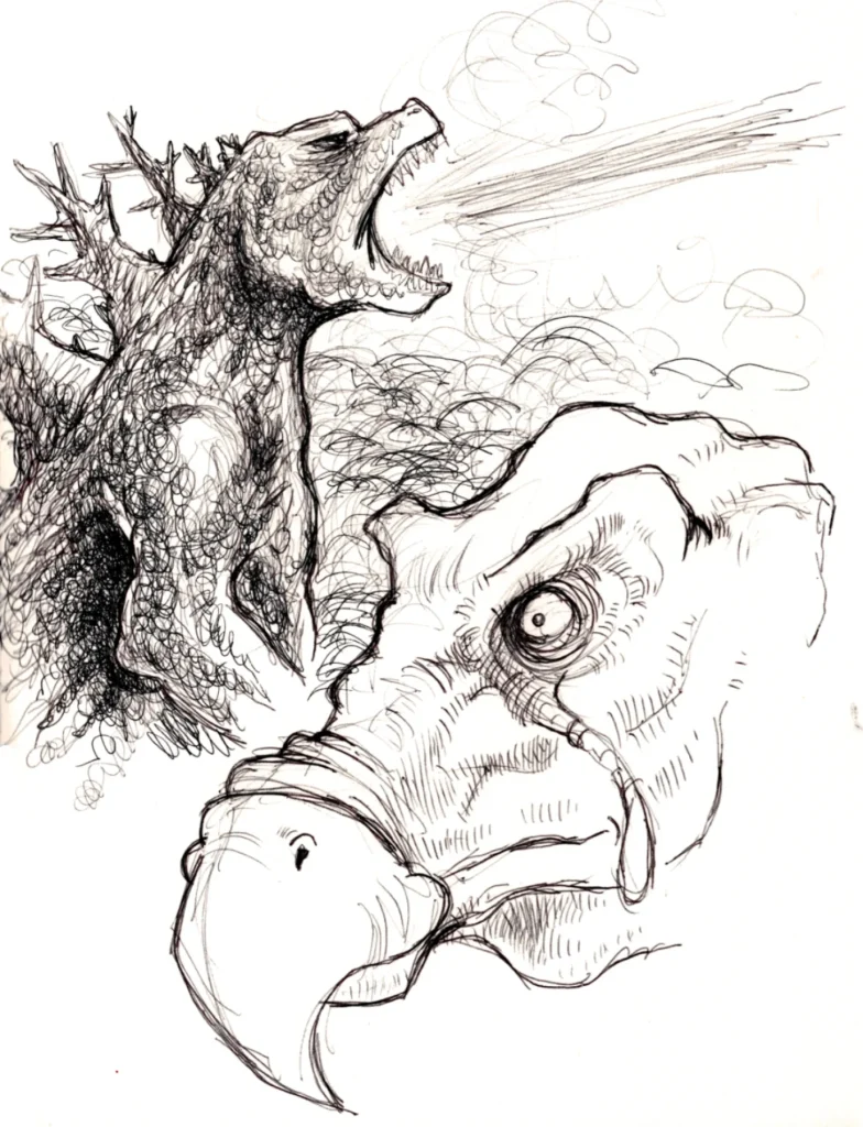 Ballpoint sketch page of Godzilla and a vulture head.