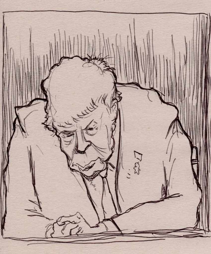 Ballpoint sketch on newsprint of trump looking so tired and out of it that it makes you question reality.