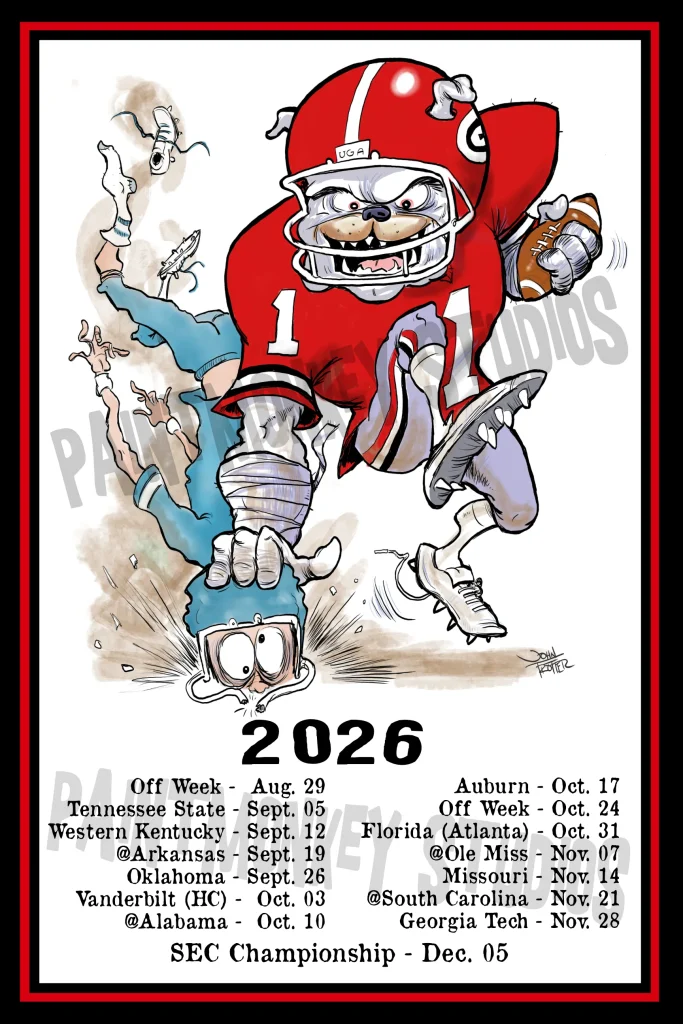 A calendar of football dates and opponents with a Bulldog mascot/football player smashing a player into the dirt with the football in the other hand.
