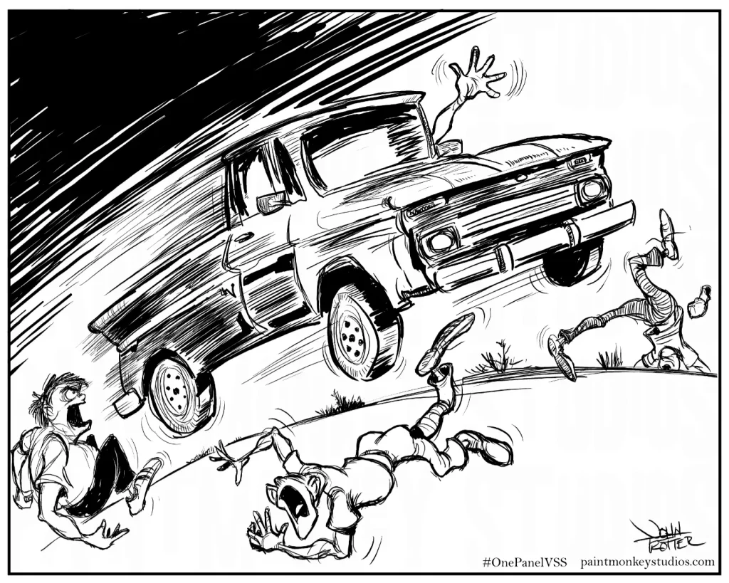 Ink drawing of a pickup racing down the road and bowling over 3 people.