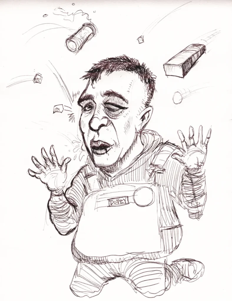 Ballpoint sketch of right wing "influencer" being pelted with bricks, and beers, rocks, and eggs.