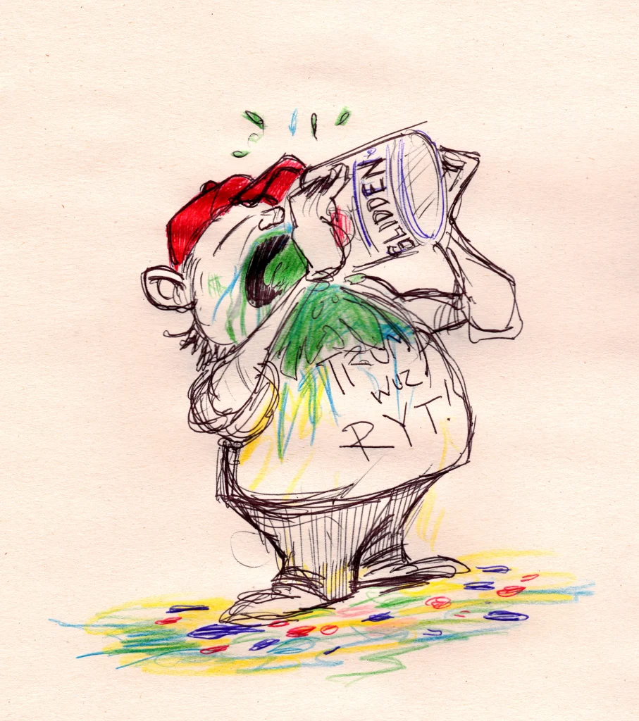 Ballpoint cartoon on newsprint of a man in a maga hat slurping down a gallon of paint,